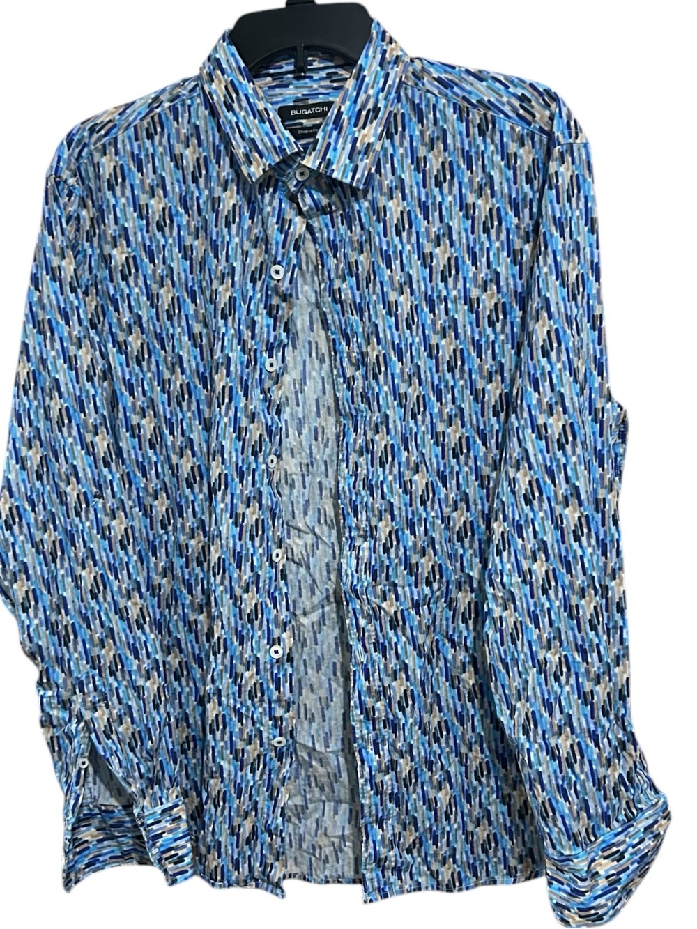 Bugatchi Men’s Shaped Fit Long Sleeve Shirt Blue Abstract Brushstroke Print Sz L